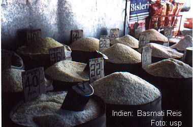 verschiedene Sorten Basmati Reis auf einem Markt in Indien